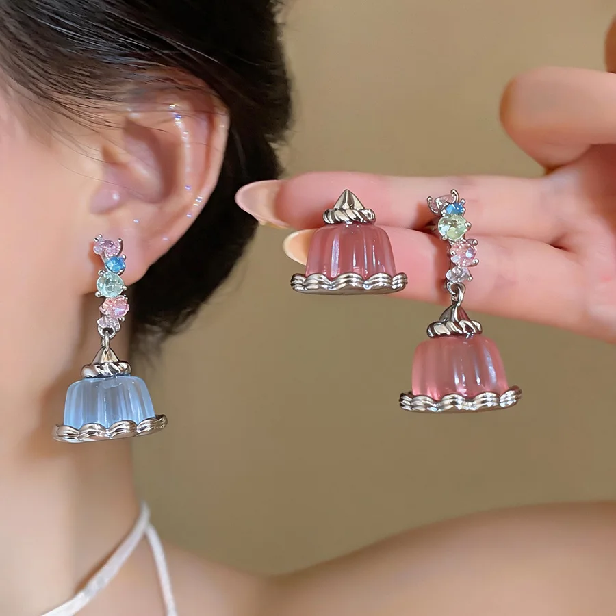 Pink Blue Transparent Jelly Pudding Resin Stud Earrings Asymmetric Zircon C-shaped Drop Earrings Cute Y2K Sweet Jewelry Gifts V