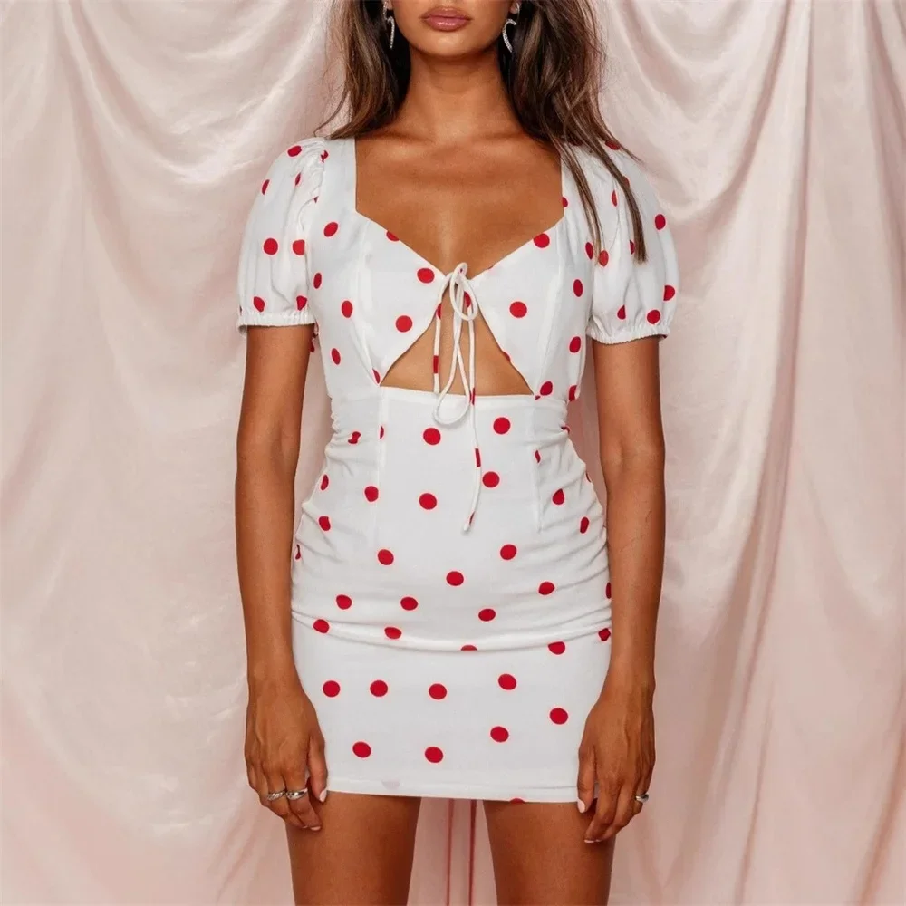 Vestidos de verano Hotsweet con recortes de lunares, manga corta, cuello cuadrado, minivestidos informales para mujer