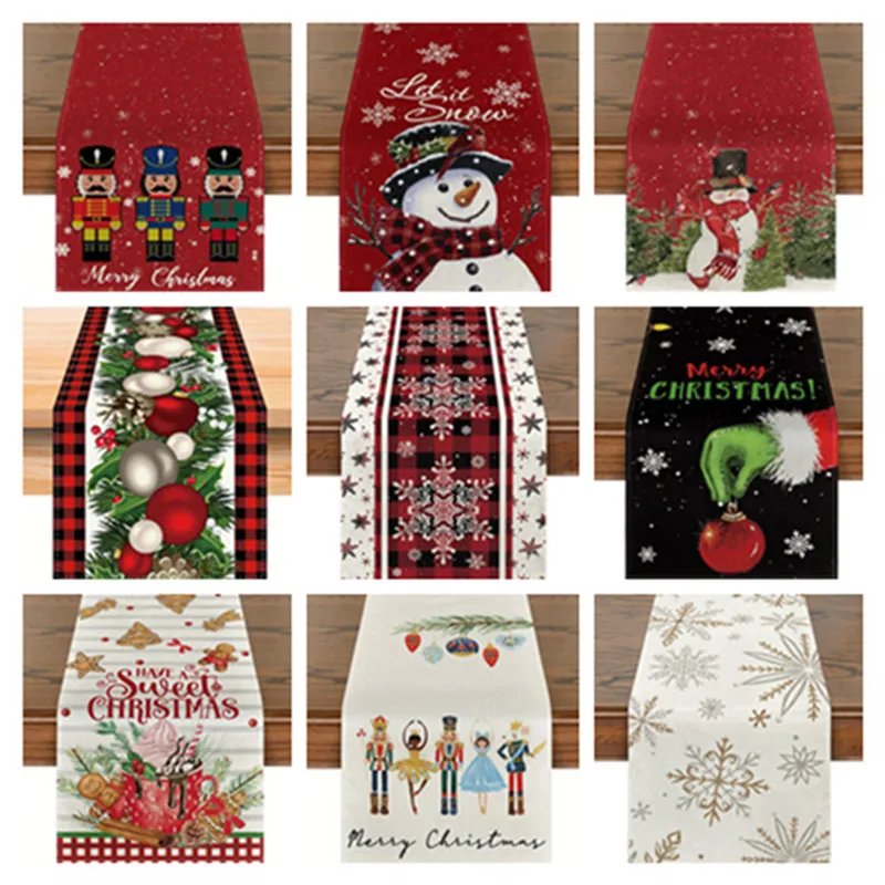 33x180cm Christmas Table Runner Cartoon Santa Claus Snowman Elk Xmas Tree Printed Linen Table Cloth Christmas Decor Table Mat