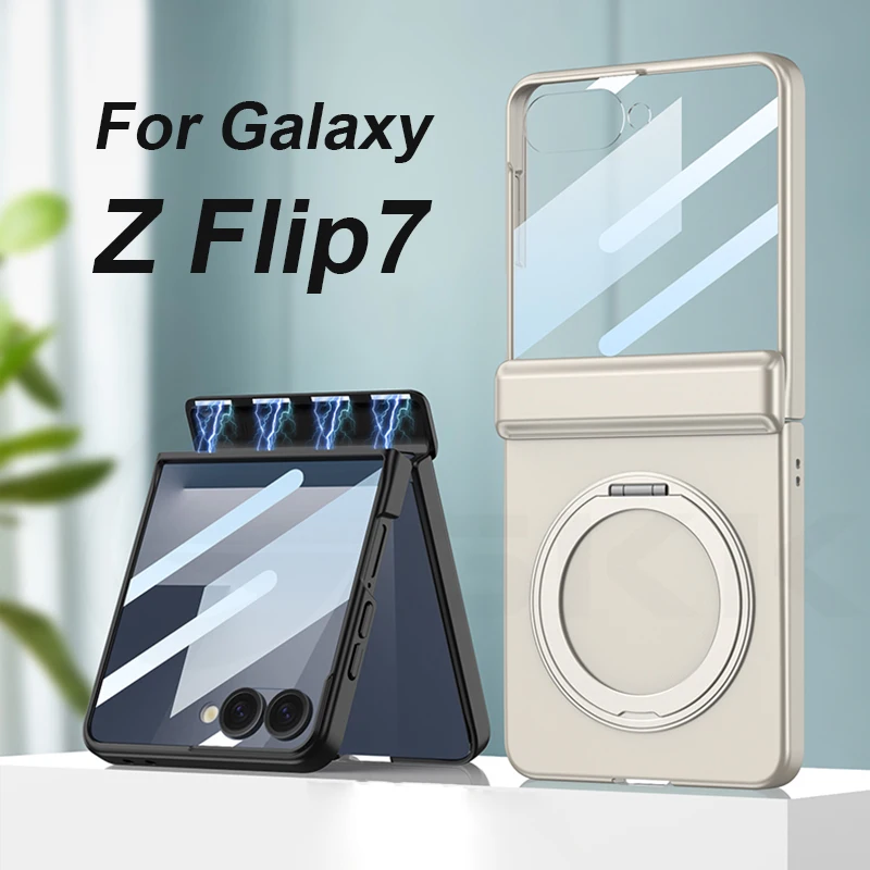 Capa armadura com dobradiça magnética para samsung galaxy z flip 7 magsafe suporte de anel de carga capa protetora de tela para galaxy z flip7 case