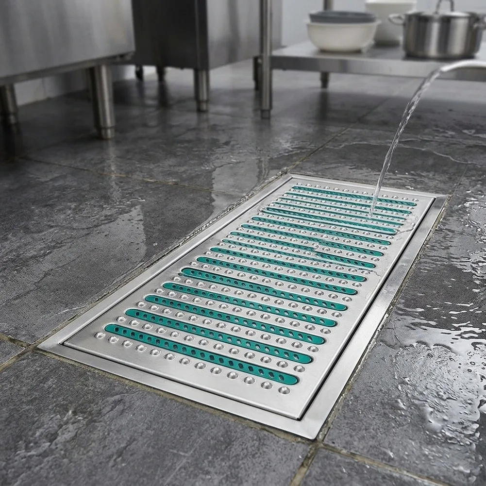 Stainless Steel Trench Drain Cover 200/250mm Green Gully Grate For Kitchen Hotel= Cafeteria Rust Resistant Floor Drainage System