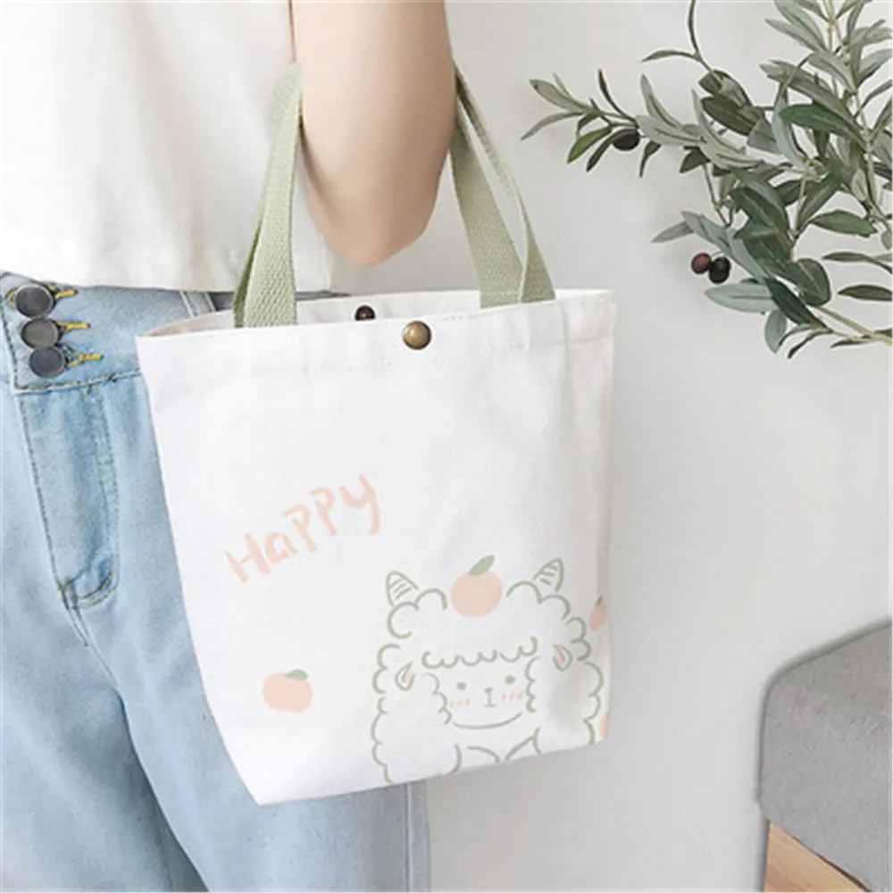 Women Mini Cotton Canvas Handbag Cute Bear Simple Tote Bags Bento Lunch Bag Casual Shopping Bag Small Shoulder Messenger Bag