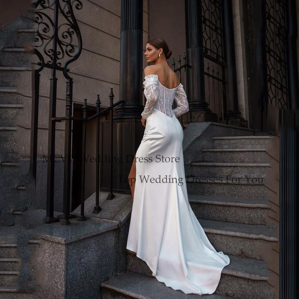 MCDV قبالة الكتف حورية البحر ثوب زفاف كم كامل الدانتيل يزين حمالة كم كامل الجانب سبليت Vestidos De Novia مخصص