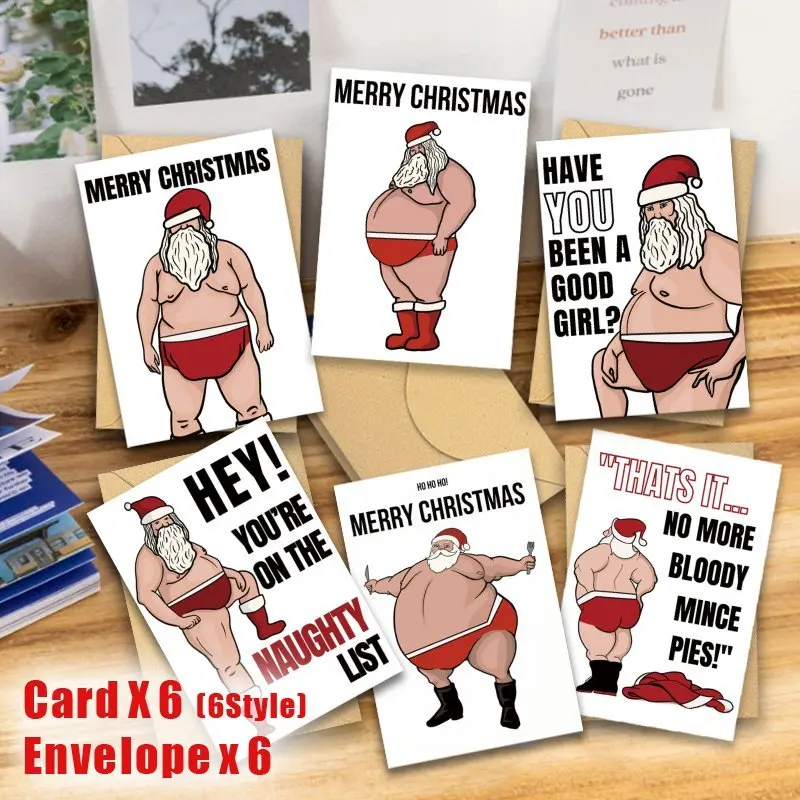 12pcs Funny Santa Claus Christmas Cards with Envelopes - Naughty Santa in Red Swim Trunks, Birthday Boy/Merry Christmas Quotes - view 5