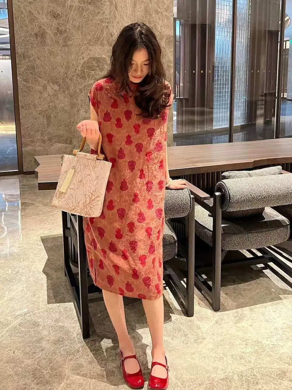 

High Waist Midi Dress with Lace Trim Loose New Chinese Style Fashionable Women's Clothing Commute Style Short Sleeve A-Line S...