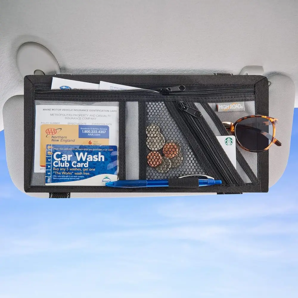 

Universal Car Visor Organizer with Zippered Pockets, Sunglasses Holder, Clear ID Slot - Fits Most Vehicles, Gray