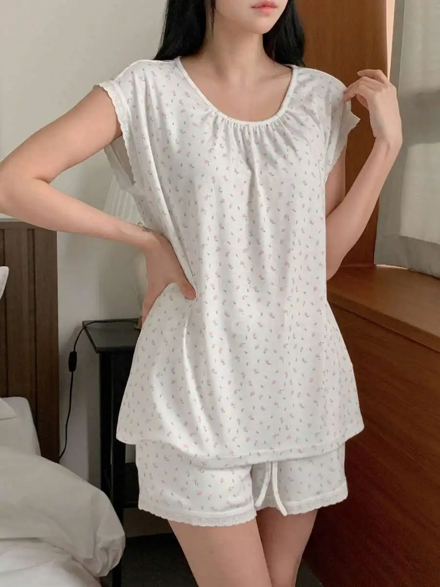 

Women Floral Lace Trim Pajama Set Comfortable Sleepwear Short Sleeve