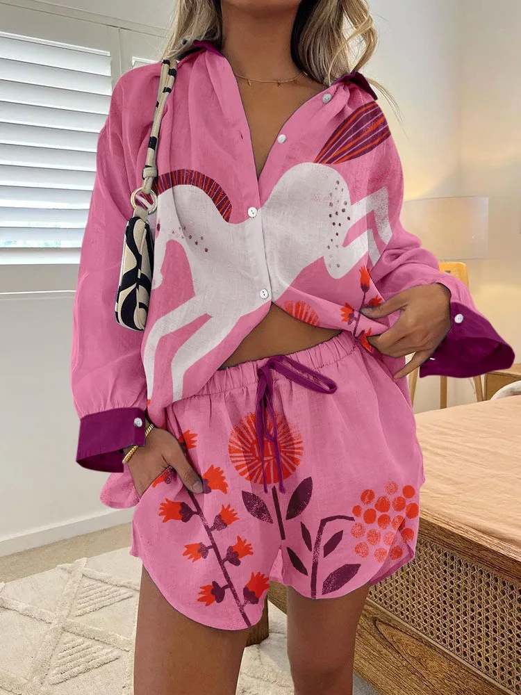 2-delige sets damesshirt met lange mouwen en shorts met wijde pijpen, shirt met modeprint, shorts voor dames, zomerse damesoutfits,