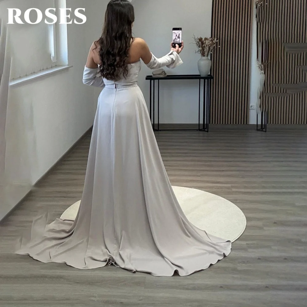 ROSES zilveren a-lijn galajurk off-shoulder plooien galajurk met pailletten satijn Saoedi-Arabische avondjurken op maat