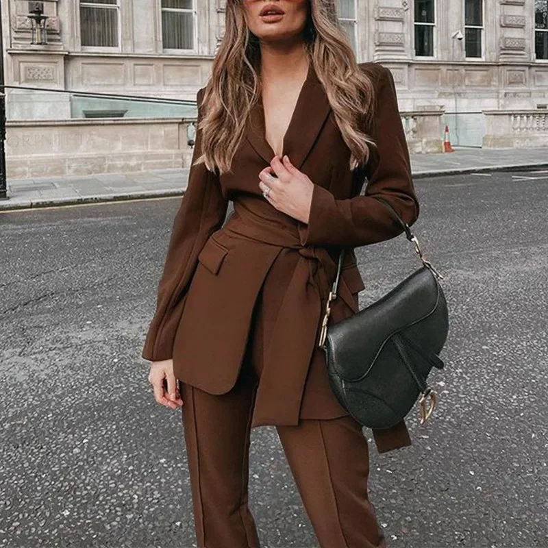 2025 brown Women Spring Casual Suit Jacket Matching Set Fashion Loose Blazers Straight Pants Two Piece burgundy Female Clothing