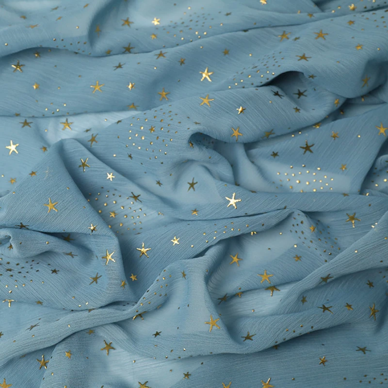 Lightweight Stars Pattern Bronzed Crepe Chiffon Fabric Cloth Material for Sewing Dress,Blue,White,Pink,Red,By the Meter