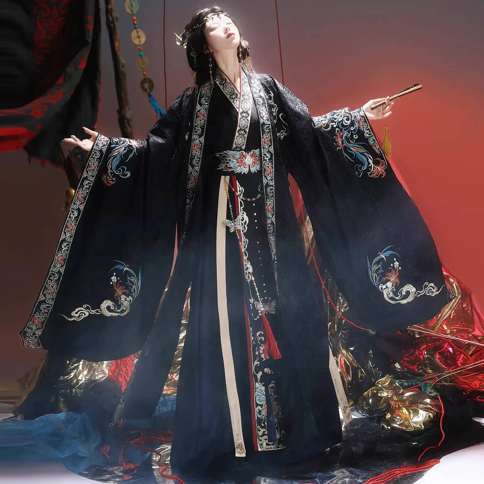 

New Hanfu Women Embroidered Ash Phoenix Wei And Jin Dynasties Cross-collar Ancient Style Heavy Industry Wide-sleeved Cosplay