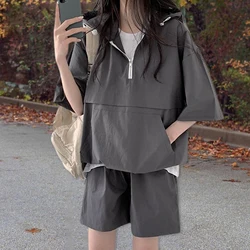 Chic Summer Hooded Tracksuit Women Casual Solid Outfits 2025 Loose Sports Short Sleeve Pullover T-shirt and Shorts Clothes Set