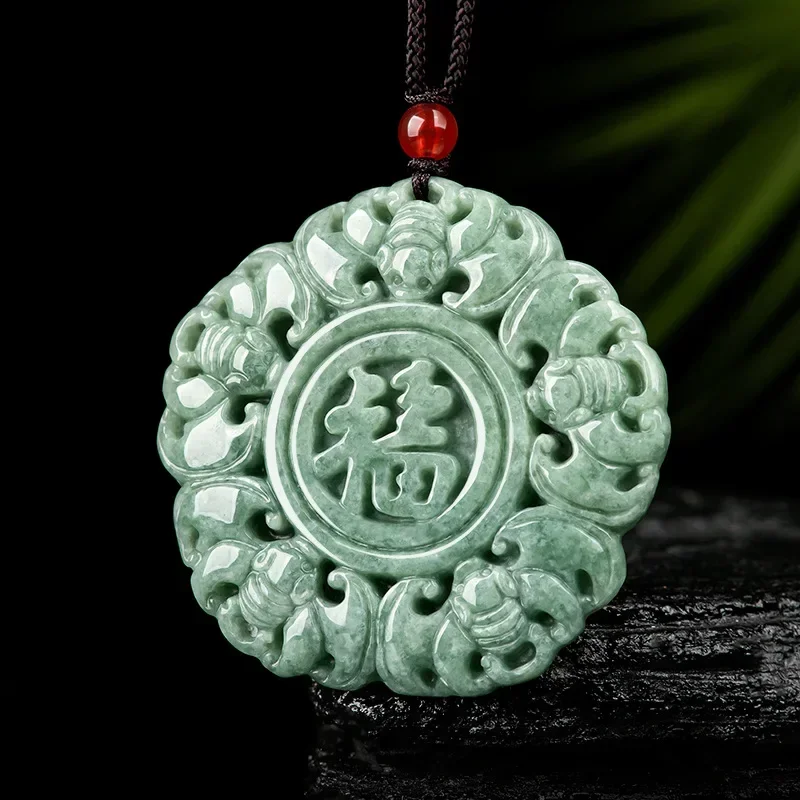 

Natural A Cargo Emerald Hand -carved Wufu Linmen Pendant Fashion Boutique Jewelry Men's and Women's Jade Neck Chain Matching