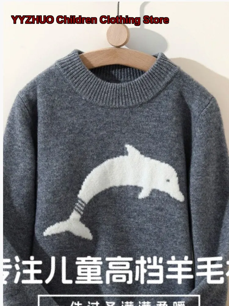 Boys Cartoon Dolphin Embroidered Jacquard Knit Top Infants Cute Dolphin Base Layer Kids