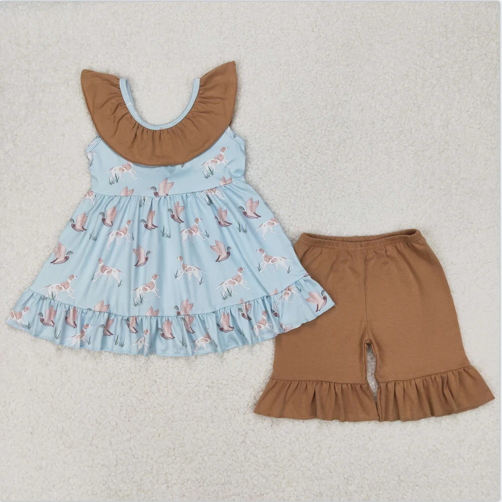 

Hot Sale Baby Girls Kids Clothes Girls Boutique Shorts Baby Girls Sleeveless Dogs Ducks Tunic Khaki Ruffle Shorts Set