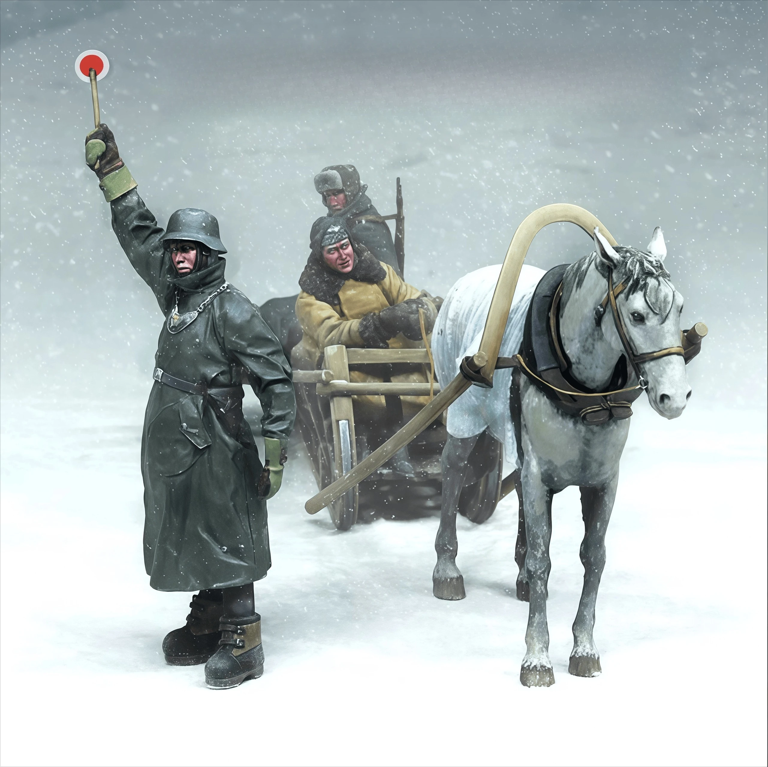 1/35 harsfiguur ongeverfd modelpakket, winter (3 personen, paard en slee), ongemonteerd en ongeverfd GK