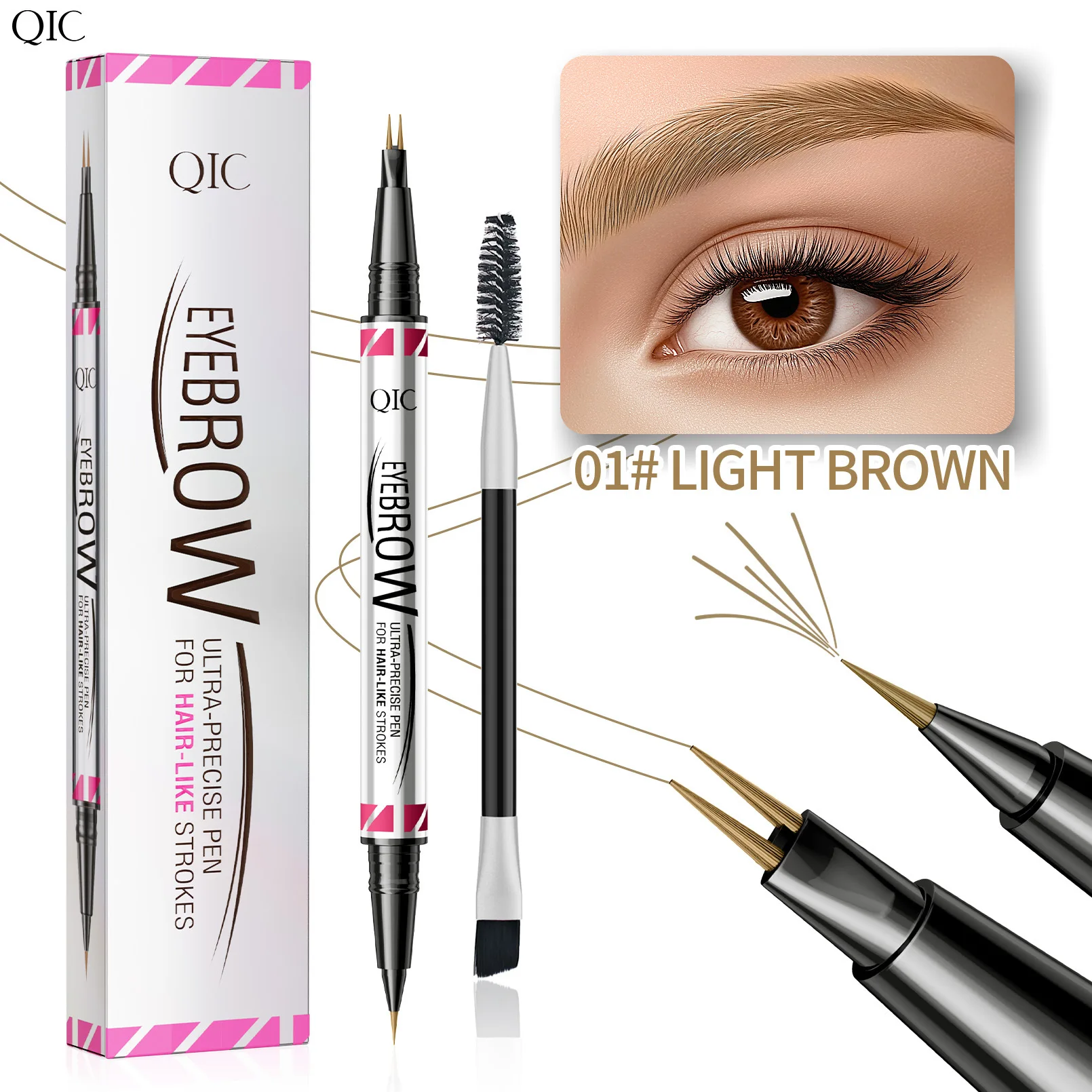 QIC Neuer Doppelkopf-Augenbrauenstift mit 2 Zinken, besonders präziser 2-in-1-Augenbrauenstift, Eyeliner, flüssiger Augenbrauenstift, langlebiges Make-up