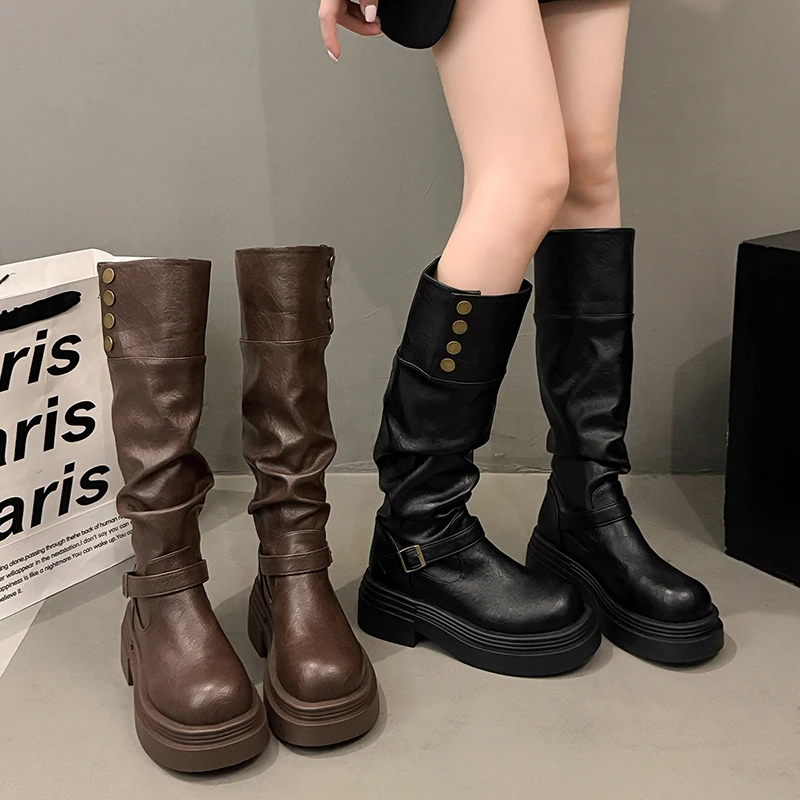 Botas hasta la rodilla Vintage para Mujer Otoño Invierno señoras casual tacón grueso Caballero Botas largas Zapatos De Mujer