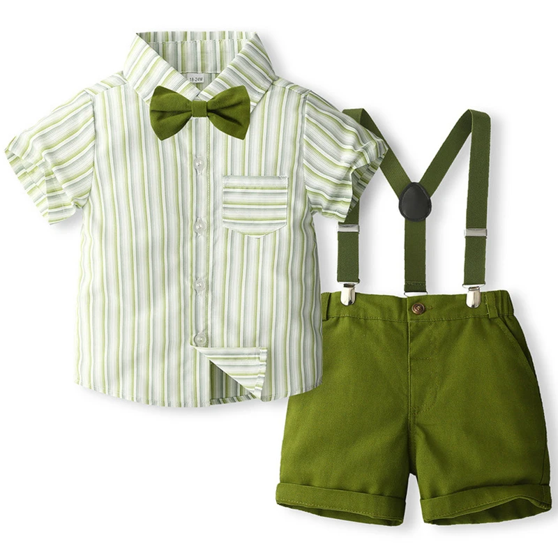 Summer Baby Boy Outfit Clothes Korean Fashion Stripe Short Sleeve Tops+Shorts+Straps+Tie Children's Sets Kids Clothing BC1769-1