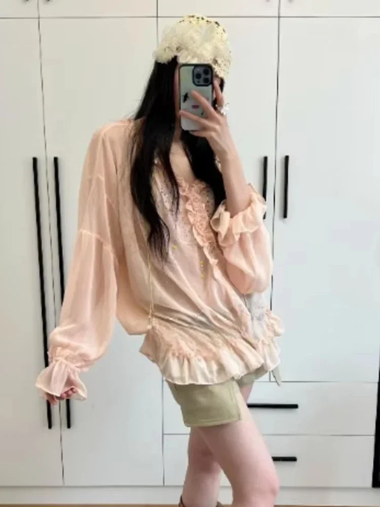 Sommer Sonnenschutz Strass Blusen Frauen V-ausschnitt Rüschen Lose Shirts Flare Hülse Vintage Süße Bluse Camisas De Mujer