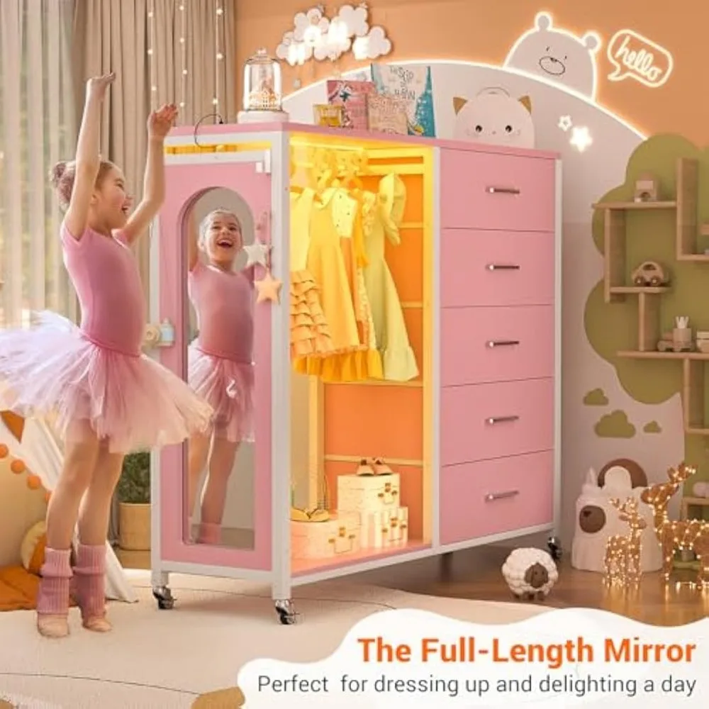 Cómoda de dormitorio con perchero, espejo, 5 cajones de tela, estación de carga, luces LED y función rodante