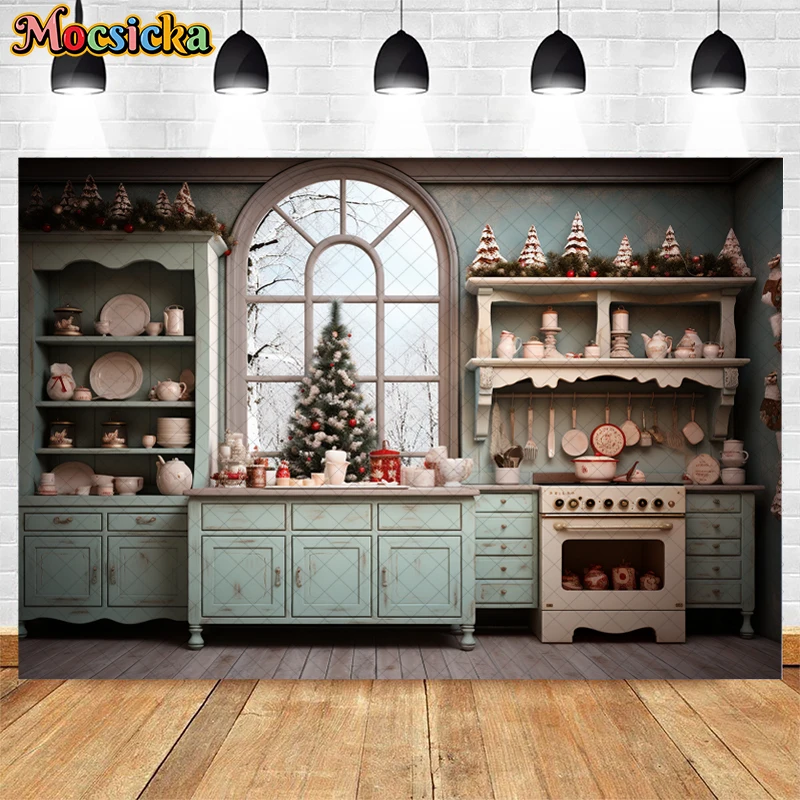 Mocsicka Photography Background Winter Indoor Christmas Kitchen Xmas Tree Party Kids Family Portrait Decor Photo Backdrop Studio