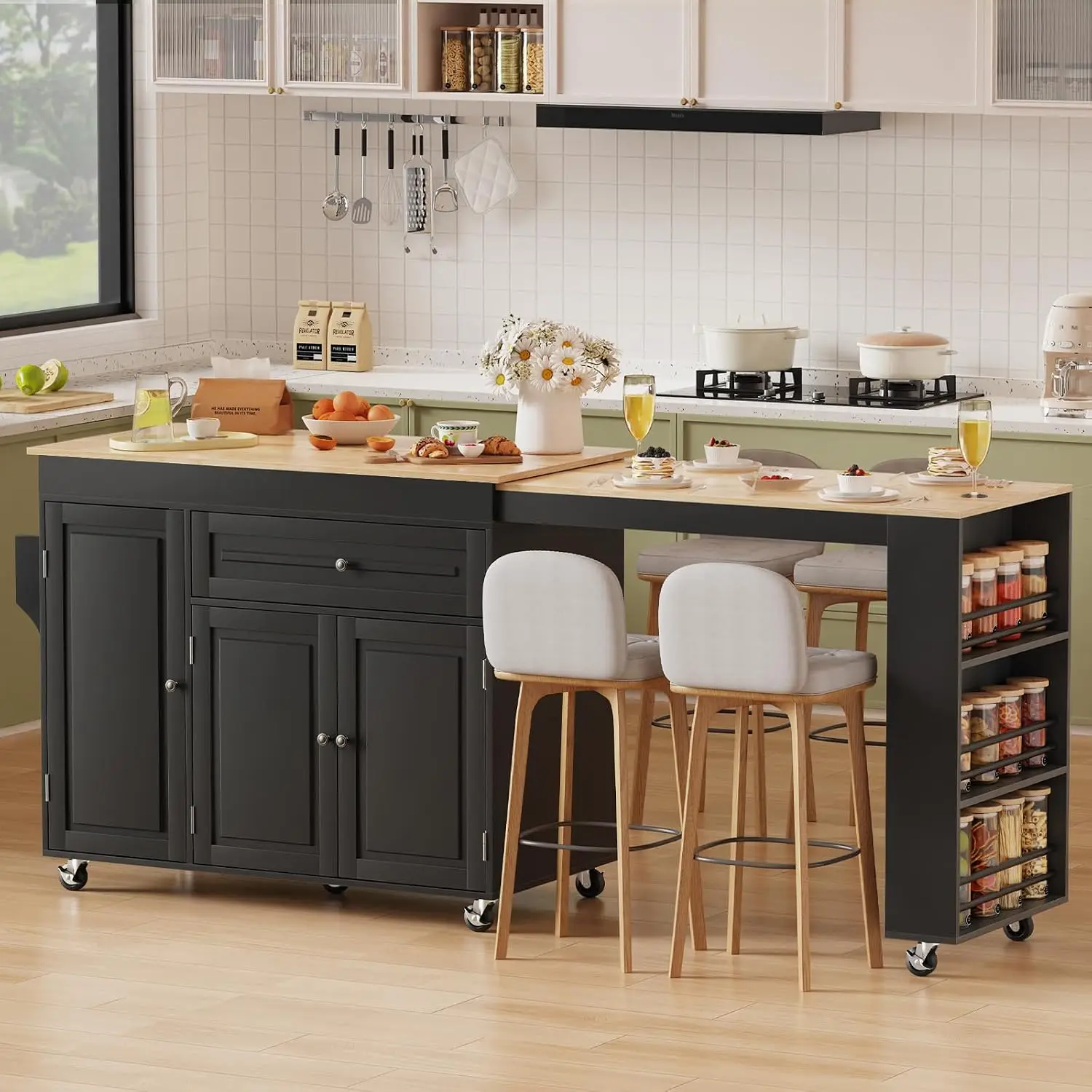 Expandable Kitchen Island with Storage Drawer & Wheels, Black, Customized