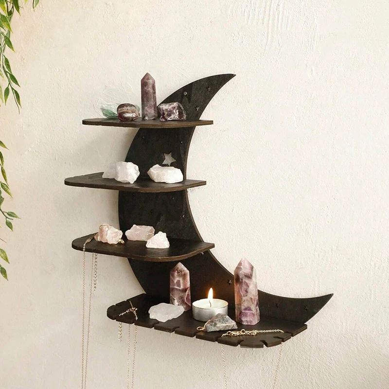 

1Pc Wooden Moon Shelf 4-Tier Wall-Mounted Floating Display Storage Holder Crescent Shape Design Storage Rack Living Room Rack