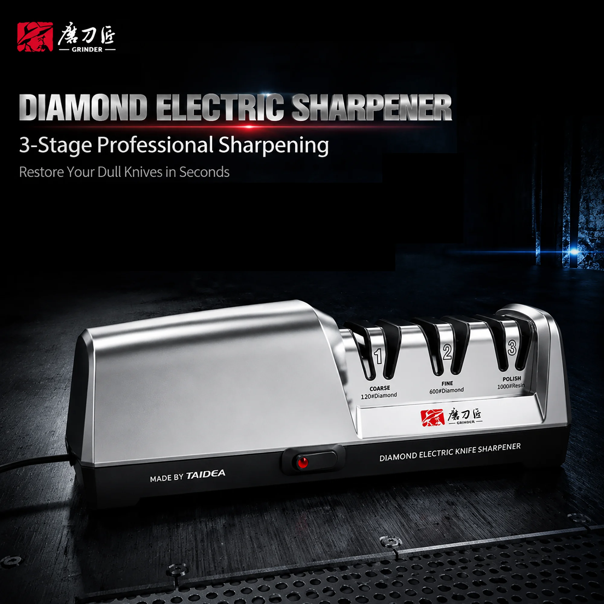 

Electric Knife Sharpener, 3-Stage 15° Precision Guide, Stainless Steel Head, Fast Repair & Polish for Kitchen