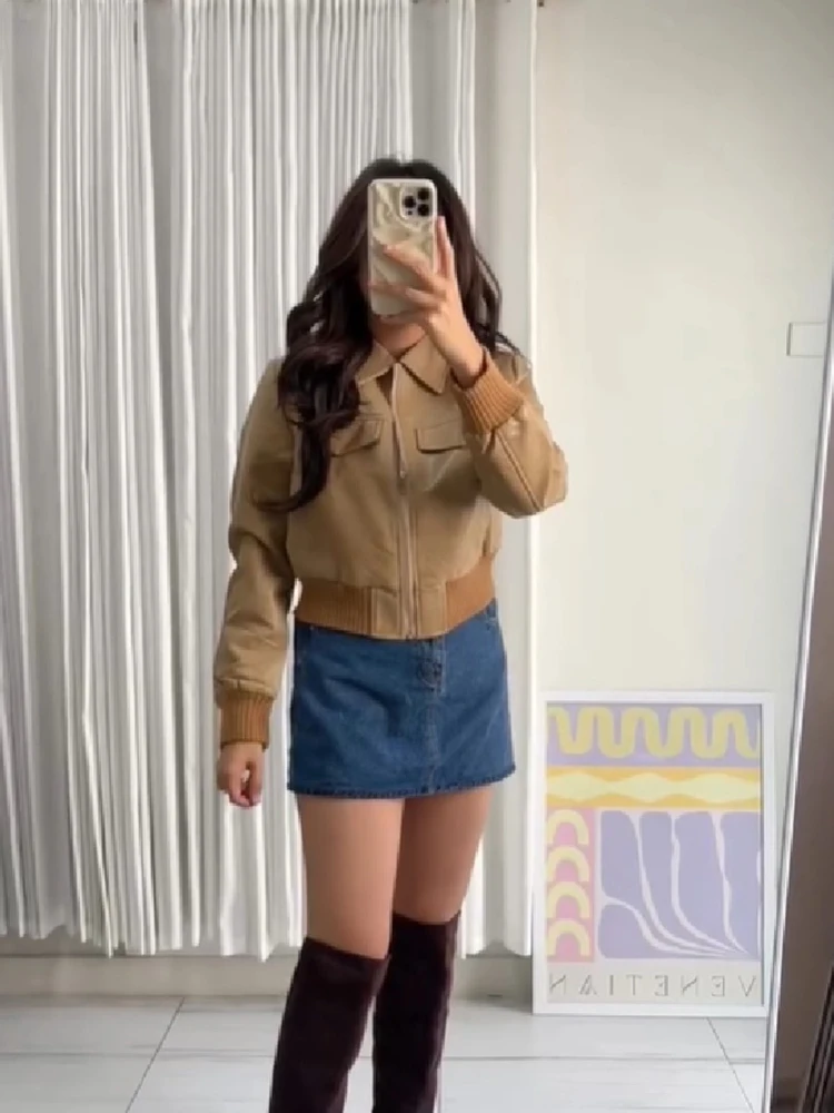 Vintage PU-Leder Cropped Jacke mit Langen Ärmeln und Gerippten Manschetten, Streetwear Damenmantel, Neue Lässige High-Street Herbst-Oberbekleidung – Detail 2