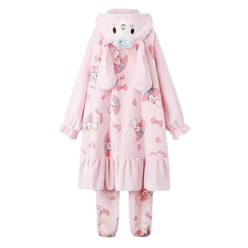 Cartoon My Melody Women Plush Pajamas Robe Set Sanrioed Anime Kawaii Homewear Winter Long Style Thickened Nightgown Pants Sweet