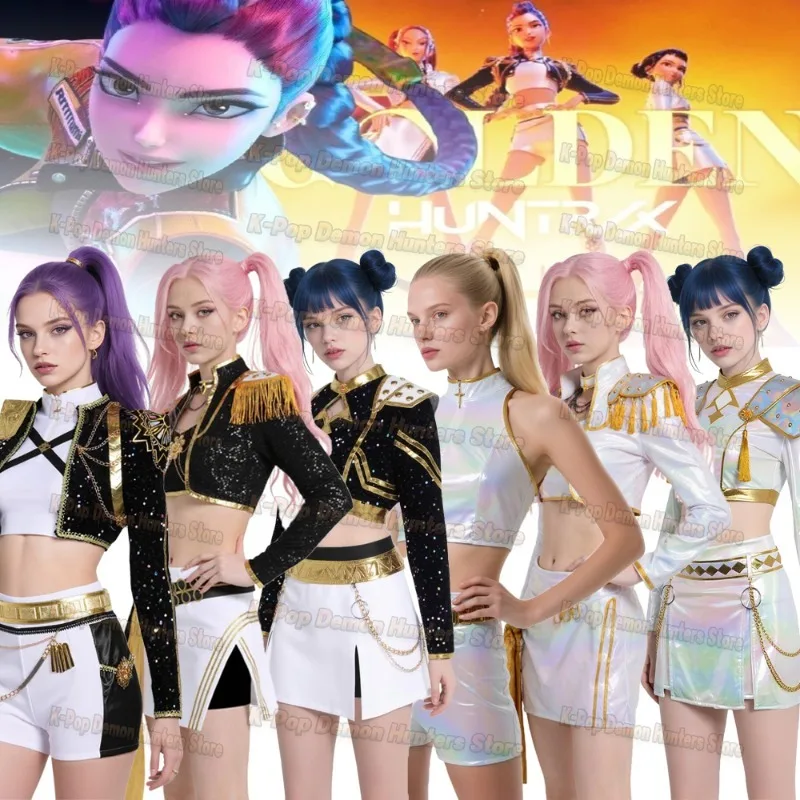 

Adult Kpop Huntrix GOLDEN Demon Hunters Rumi Cosplay Mira Zoey Costume Full Set Wig Glittering Stage Wear Women Halloween