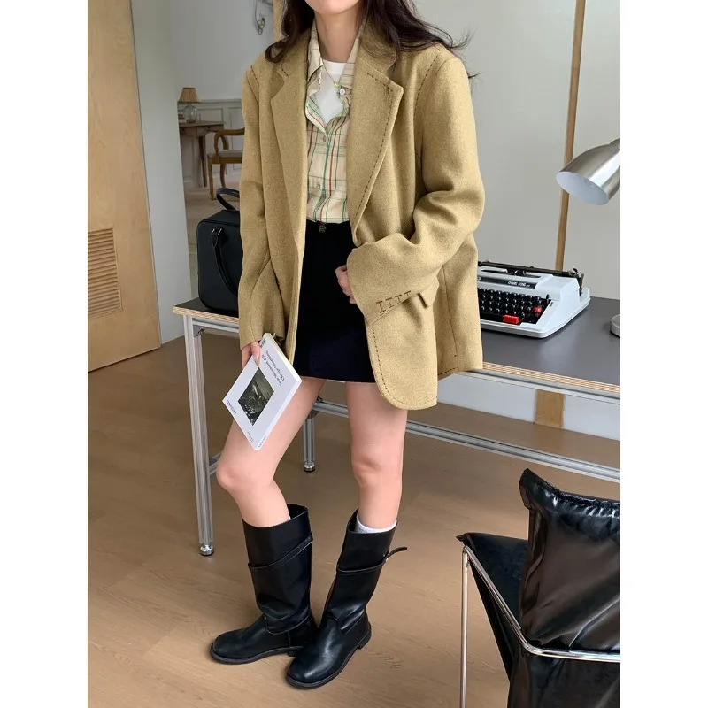

Autumn Khaki Oversized Seam Woolen Blazer Brown Jacket