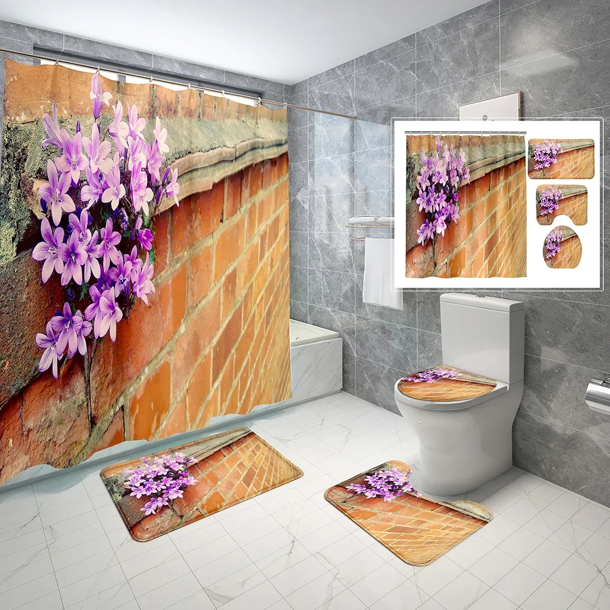 4 Pcs Bricks Wall Shower Curtain Sets with Toilet Lid Cover and Non-slip Bath Mat Purple Flowers Waterproof Shower Curtain Set