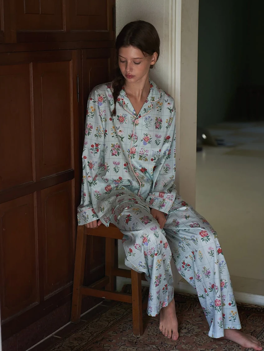 

Marthaqiqi Winter Ladies Nightwear Set Turn-Down Collar Pajama Long Sleeve Sleepwear Pants Printing Femme Nightgown 2 Piece Suit