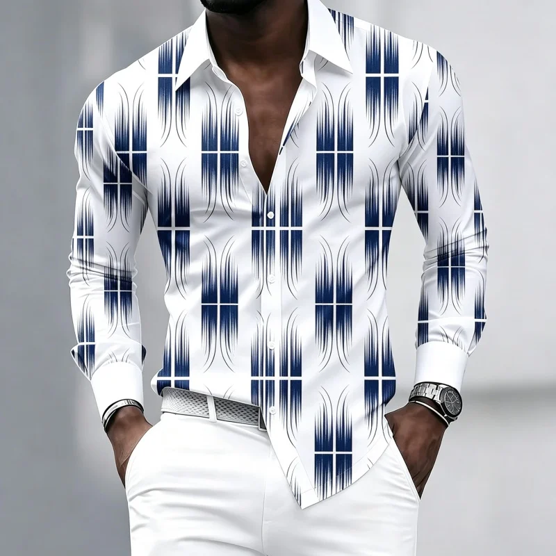 Men's shirt with artistic lines, geometric grid pattern, long sleeved top, contrasting color, business casual, comfortable shirt