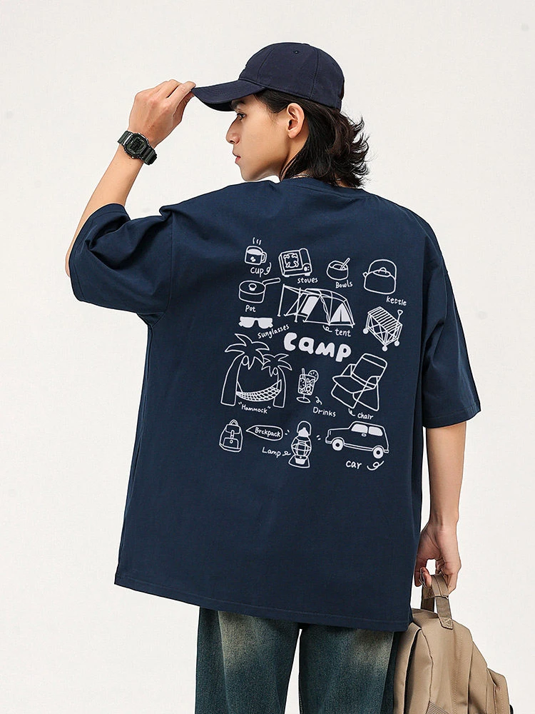 New Japan and South Korea Simple Camping Wind Printed T Shirt Summer New Cotton Breathable Sports Casual T Shirt