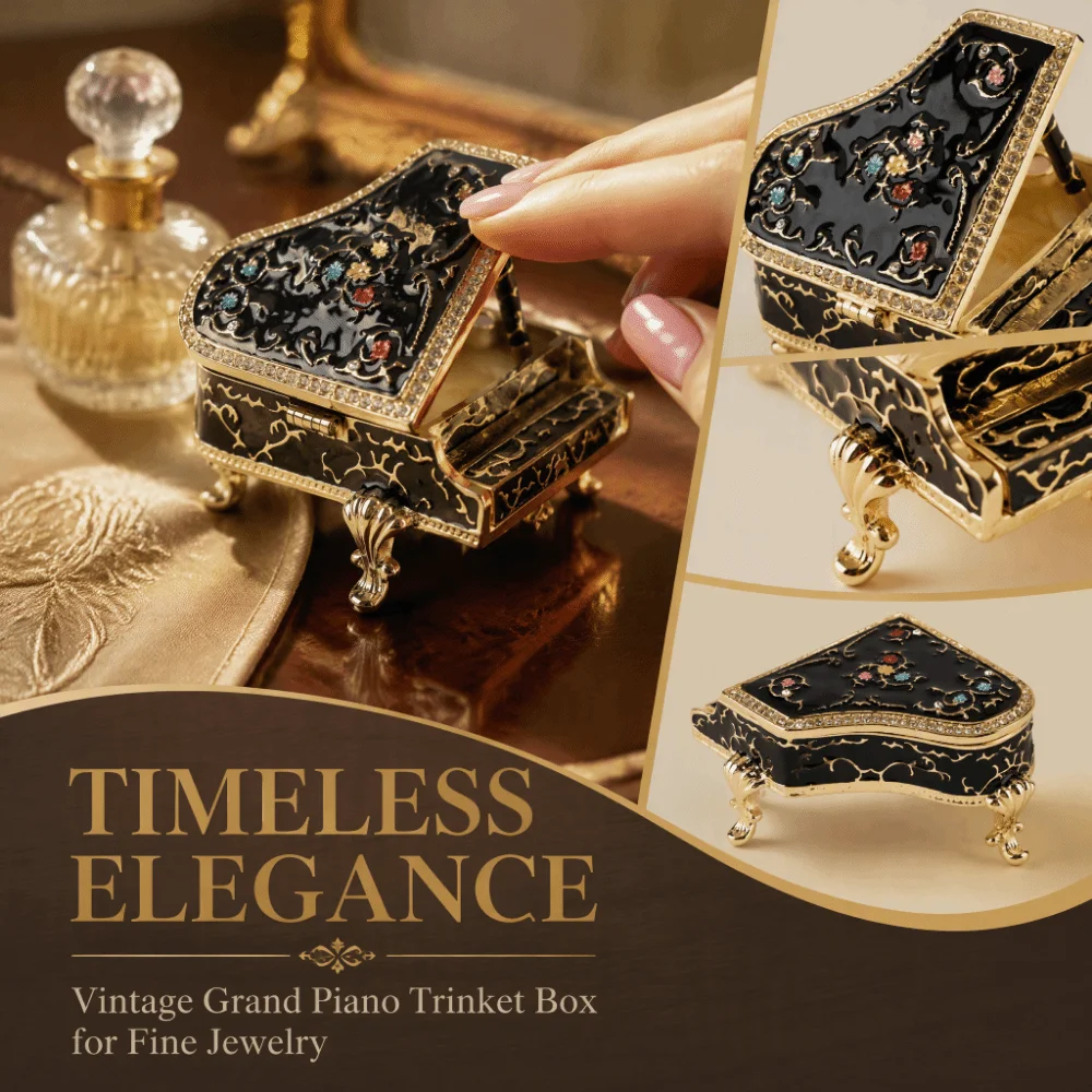 Miniature Size Mini Trinket Box Enamel Painted Finish Piano Shape Design Jewelry Organizer Box Alloy Material Rhinestone Inlay