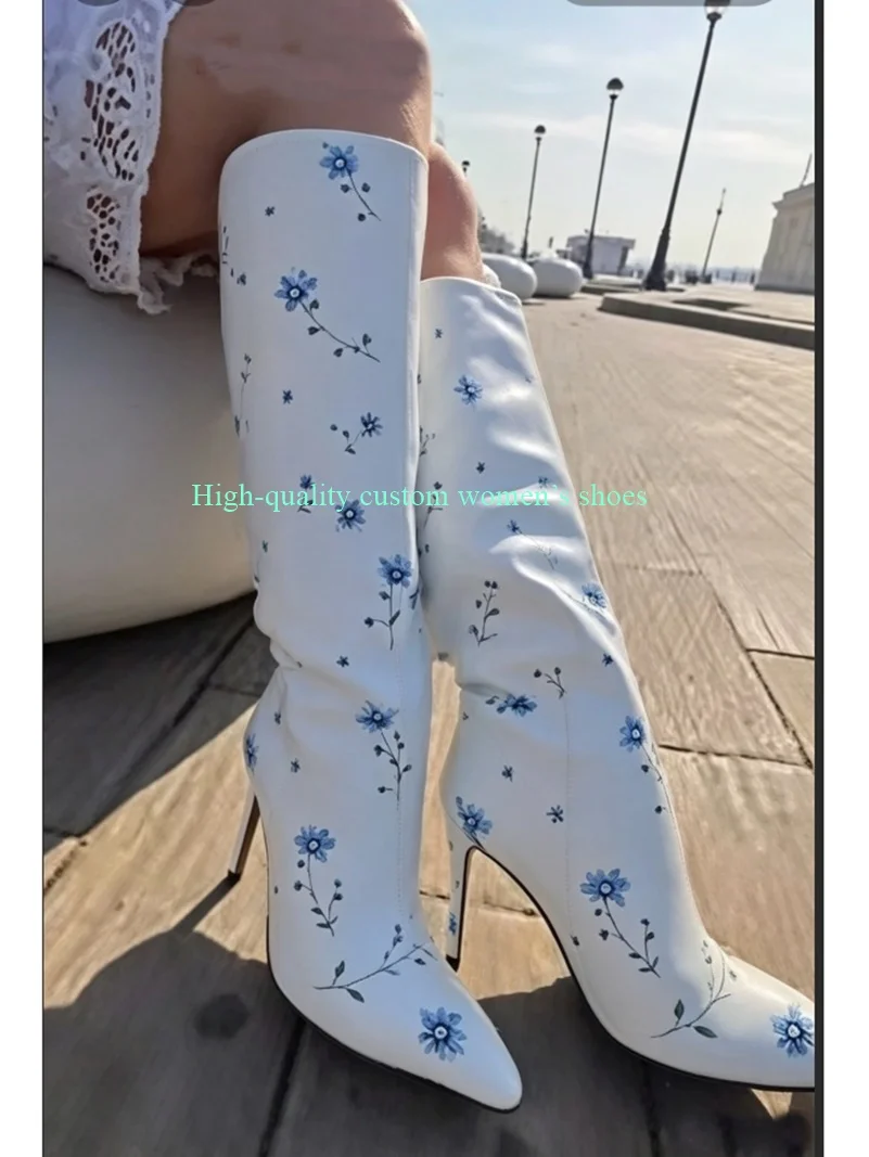 

Blue Little Flower Decorative Bestselling Model Not Above The Knee Women's Boots Pointed Stilettos Luxury Women's Shoes 2026