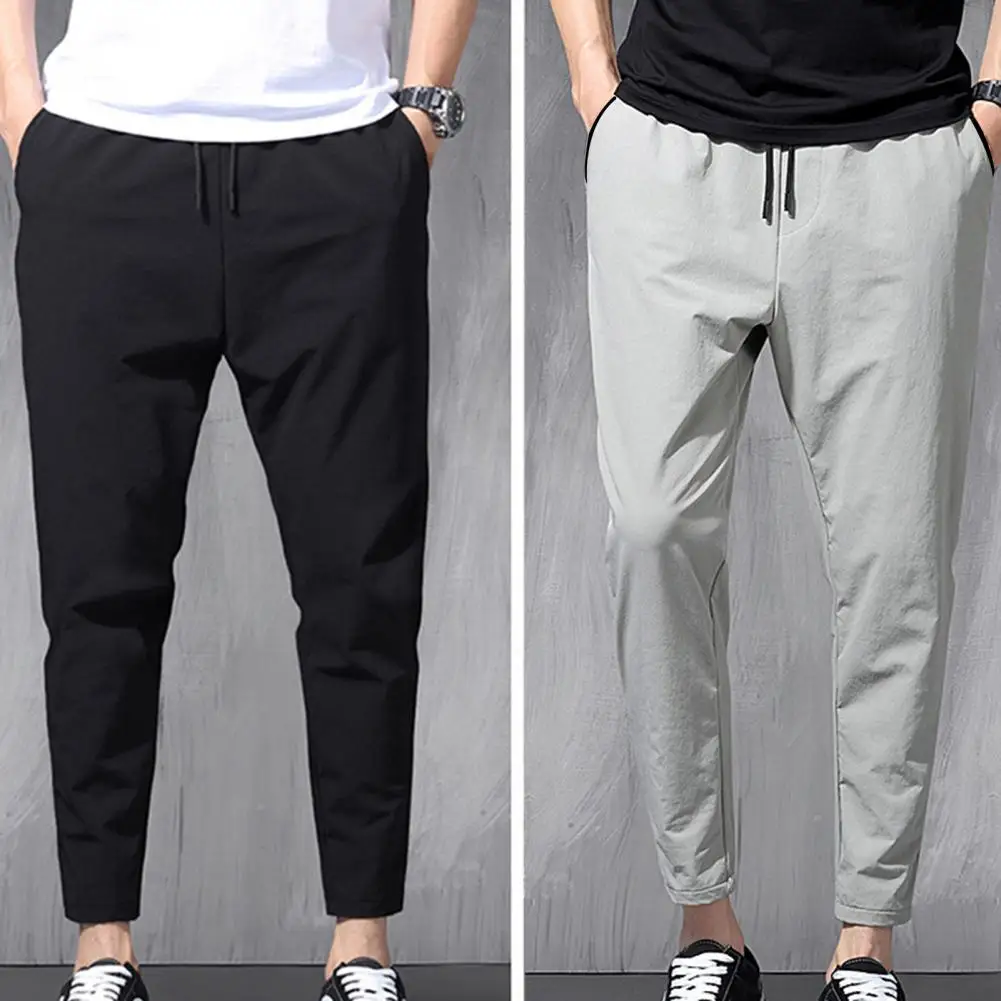 Korean Fashion Slim Fit Casual Pants Men Leggings New Summer High Waist Drawstring Pocket Solid Color Black Trouser Male Clothes