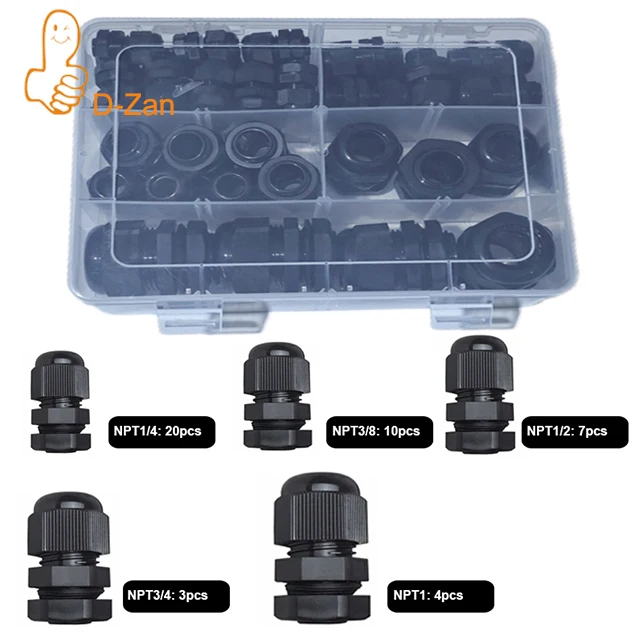 

44PCs Waterproof Cable Gland Black Plastic Seal Joint Nylon IP68 NPT1/4 NPT3/8 NPT1/2 NPT3/4 NPT1 Cable Wire Connector