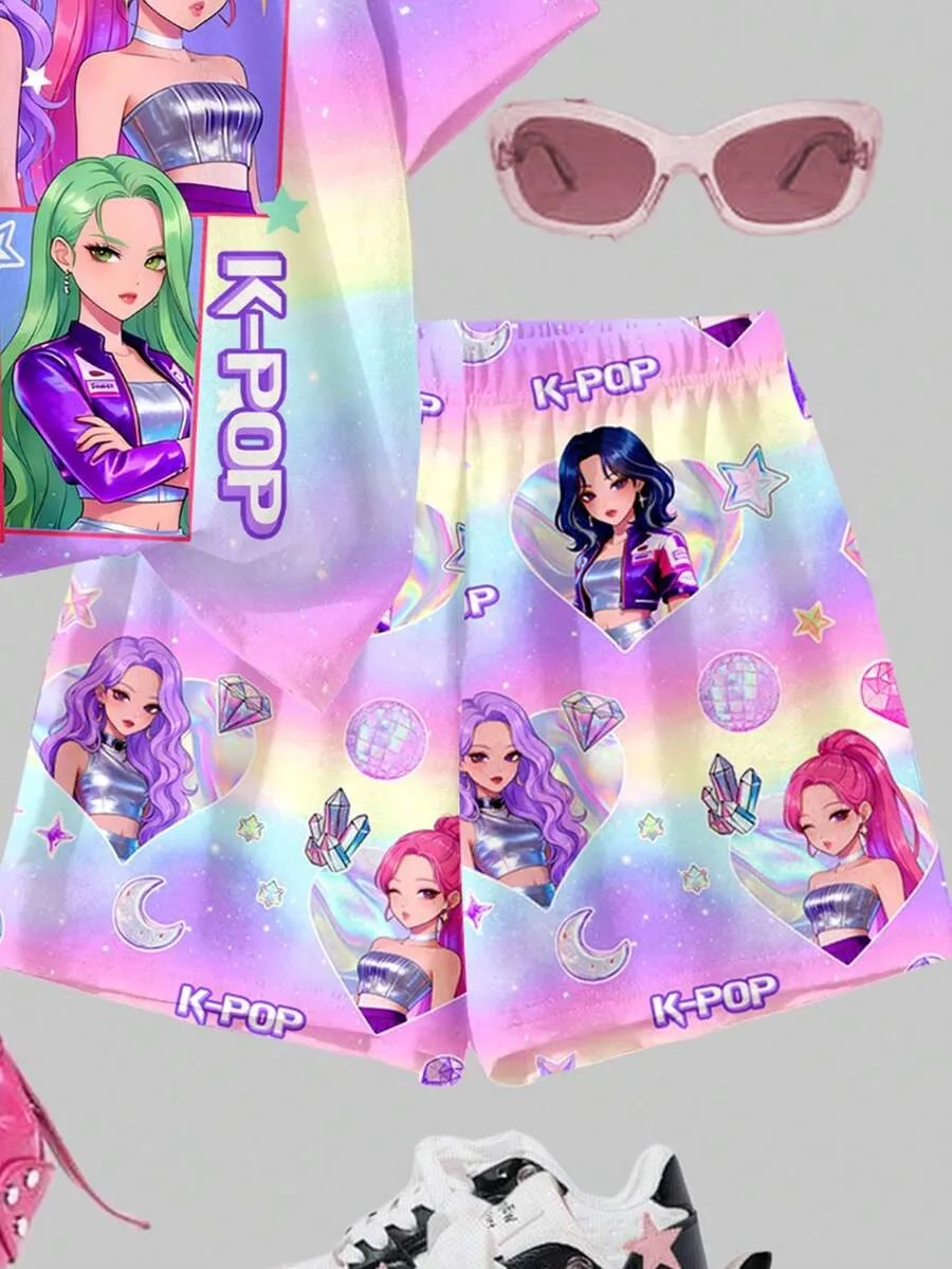 2-teiliges Mädchen-Outfit, T-Shirt mit Regenbogen-Farbverlauf und Sternenhimmel-K-POP-Cartoon-Print sowie Shorts-Set mit Allover-Print – Detail 3