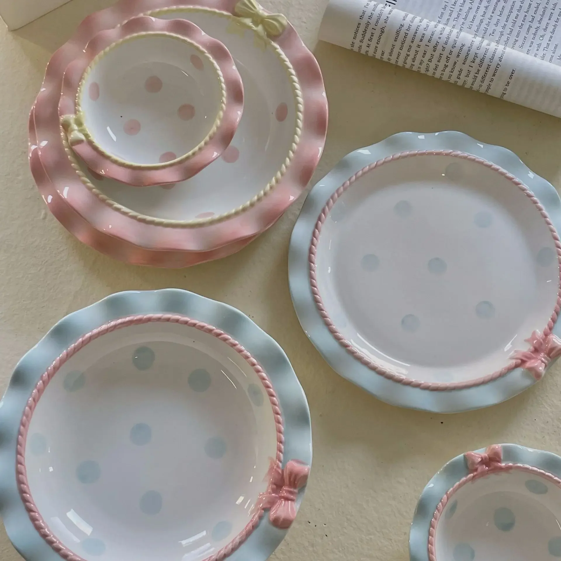 

Ceramic tableware Korean exquisite bow wave lace ceramic plate rice bowl wedding cake dessert set plate girl heart plate