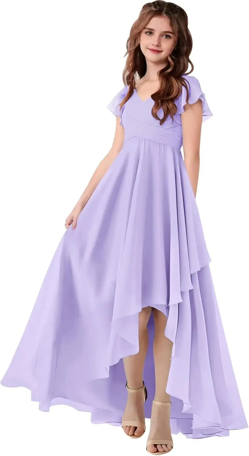 결혼식을 위한 라인 주니어 신부 들러리 드레스 쉬폰 반팔 플라워 걸 드레스 십대 파티 정장 가운