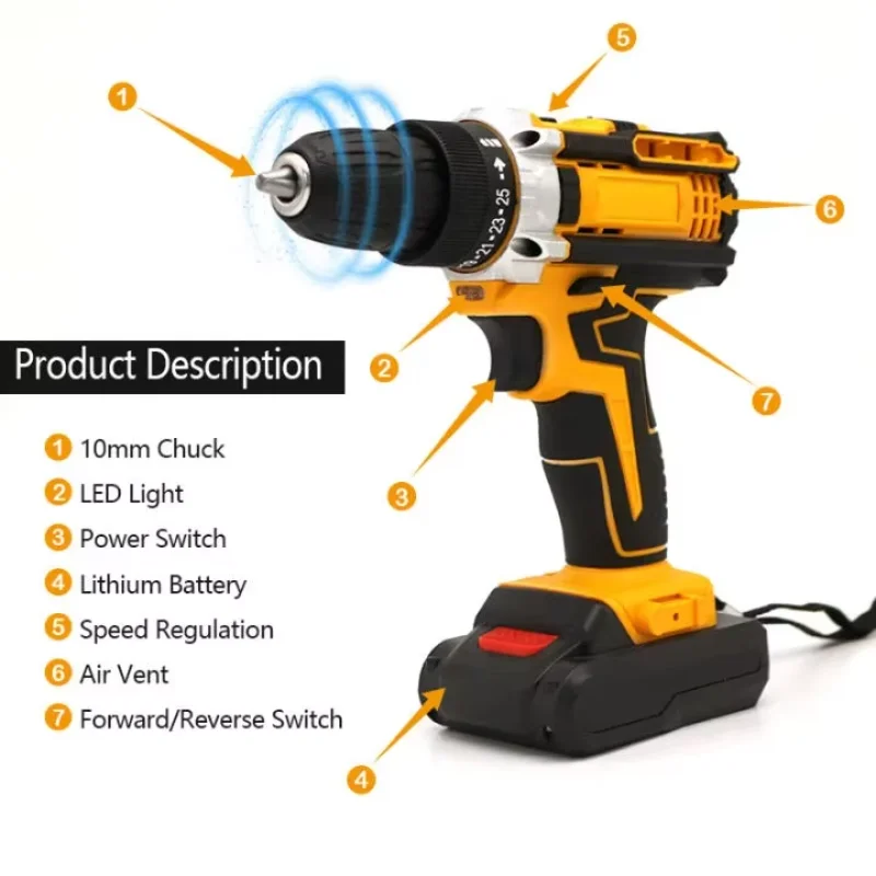 24 pcs Accessories Bit cordless electric drill power tool set 21V Lithium Battery Cordless Power Drill