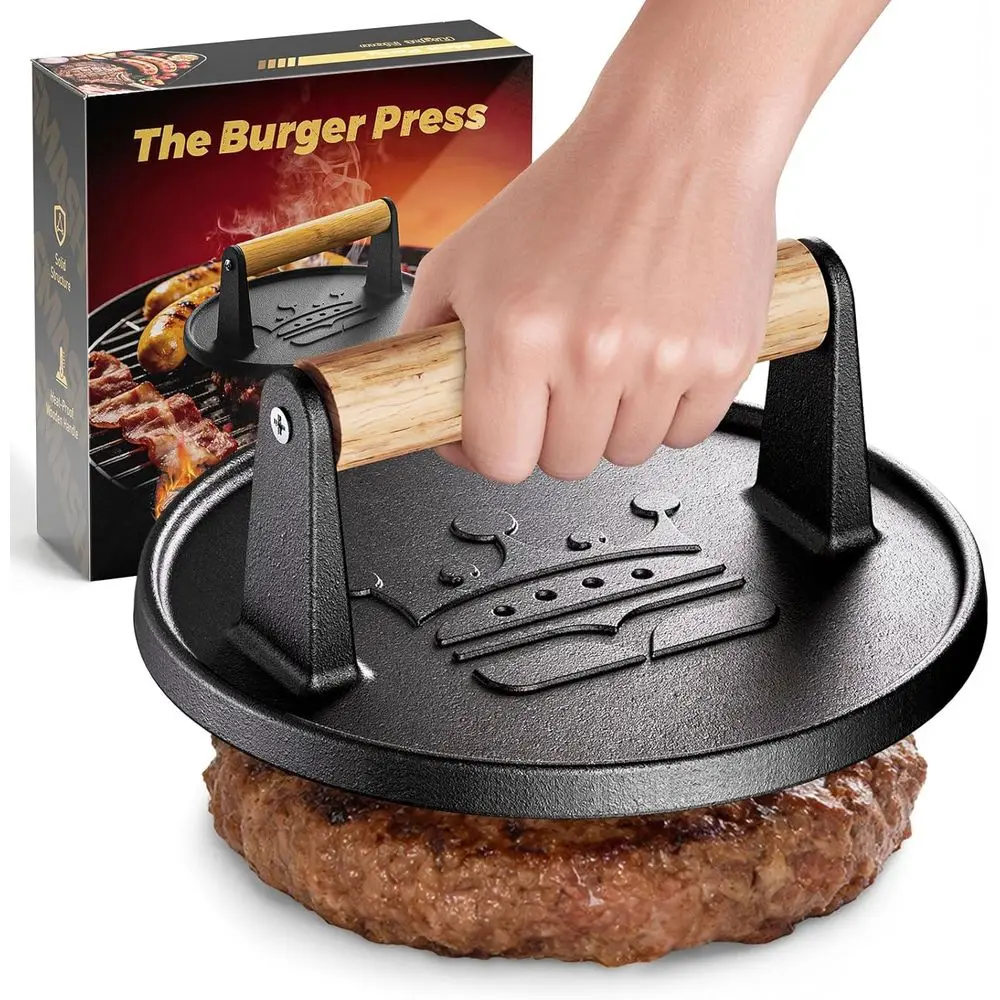 

Burger Press Round Edge Grill/Bacon/Meat/Hamburger/Cheese with Wood Handle, 1.74lb Patty Maker or Griddles, Nonstick Smasher or
