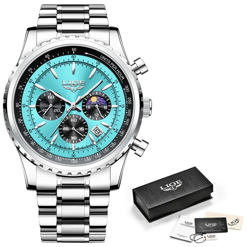 LIGE Top Brand Luxury Mens Watches Quartz Man Watch Waterproof Luminous Watch for Men Date Chronograph Sport Wristwatch+Gift Box