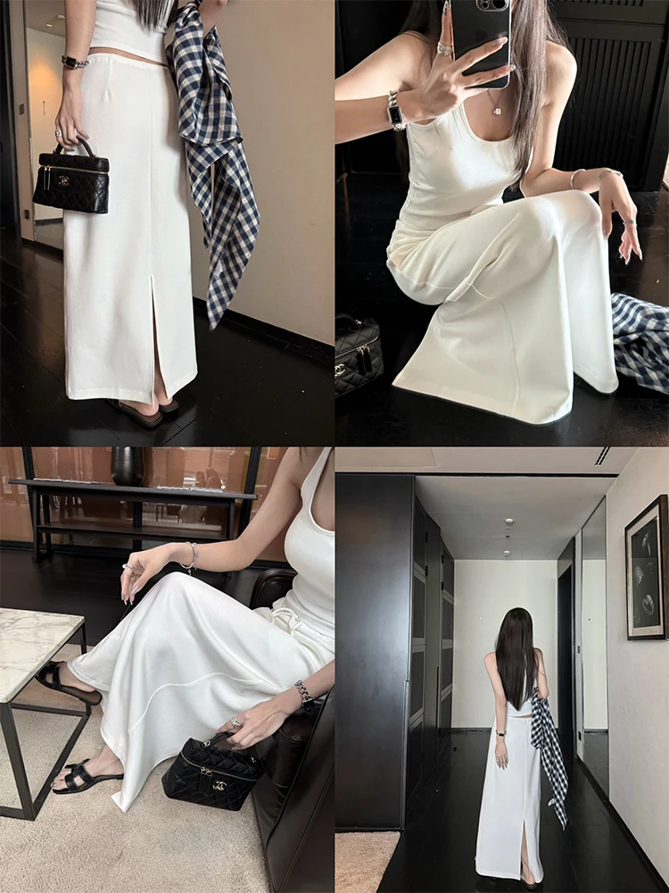High Waist Drawstring White Half Skirt Korean Style Straight Cut Skirt Women's Fashionable Versatile Autumn New Arrival