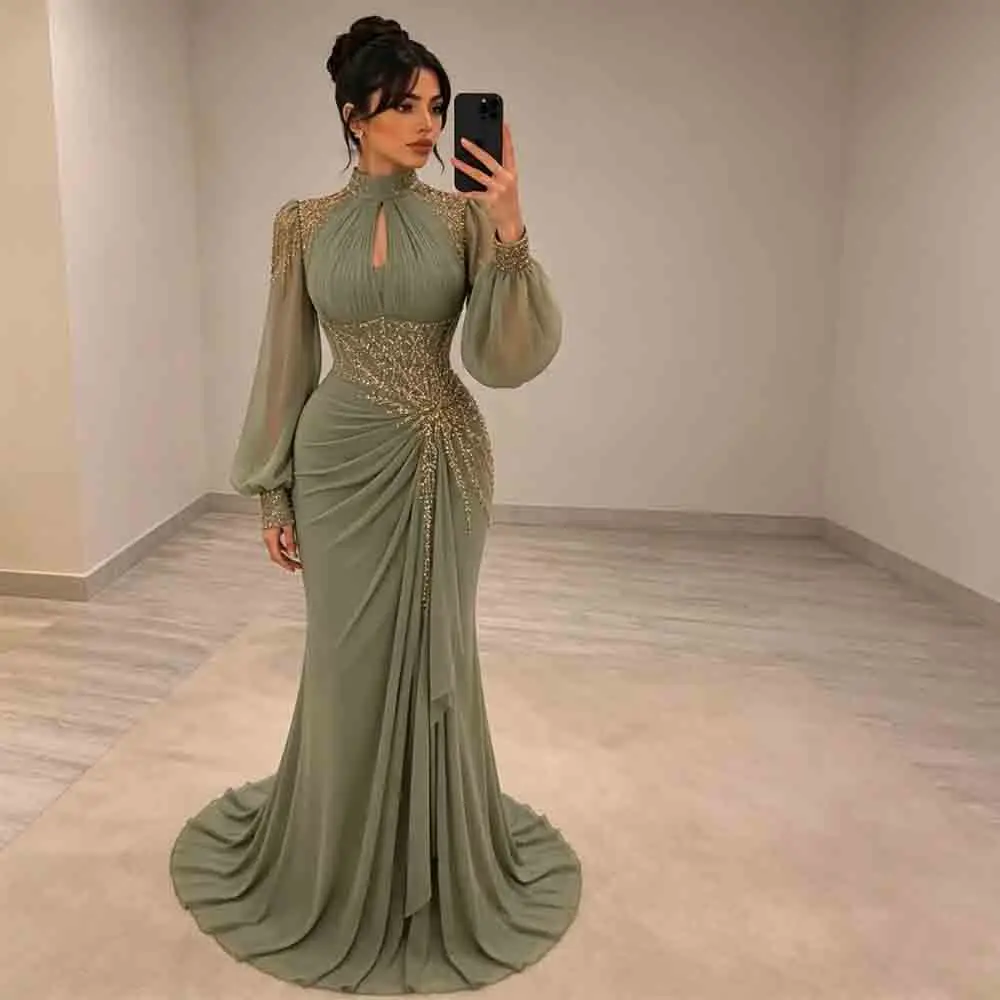 Maßgeschneiderte Salbeigrüne Meerjungfrauen-Abendkleider mit langen Laternenärmeln, hohem Kragen, Schlüsselloch-Ausschnitt, goldverziertem Chiffon, formelles Kleid für Damen.
